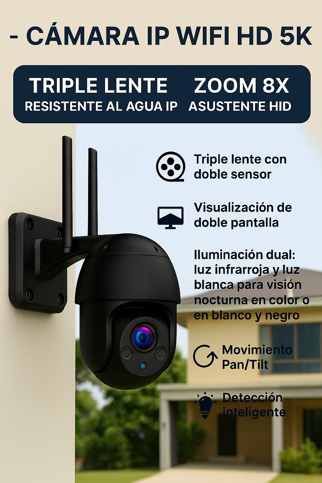 Cámara IP WiFi HD 5K 9 MP Exterior – Zoom 8X, Triple Lente, Seguimiento Automático