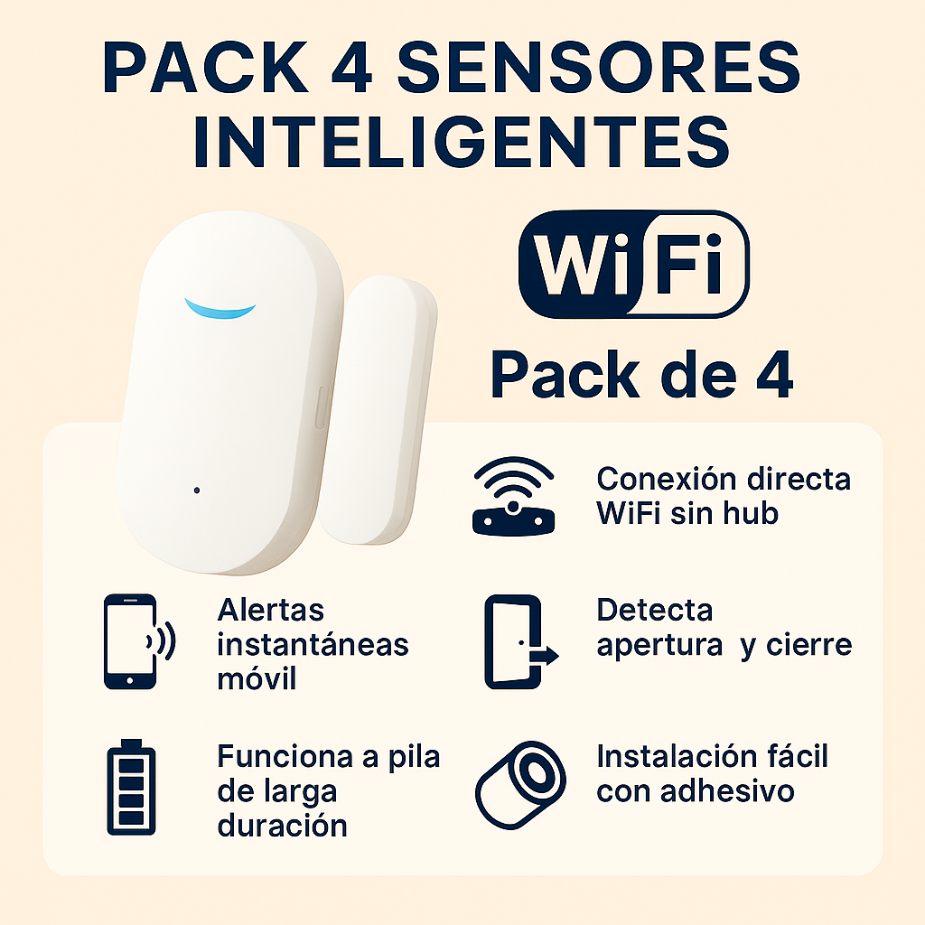 Pack 4 Sensores Inteligentes WiFi para Puertas y Ventanas – Compatible con Alexa y Google Home, Notificaciones en Tiempo Real