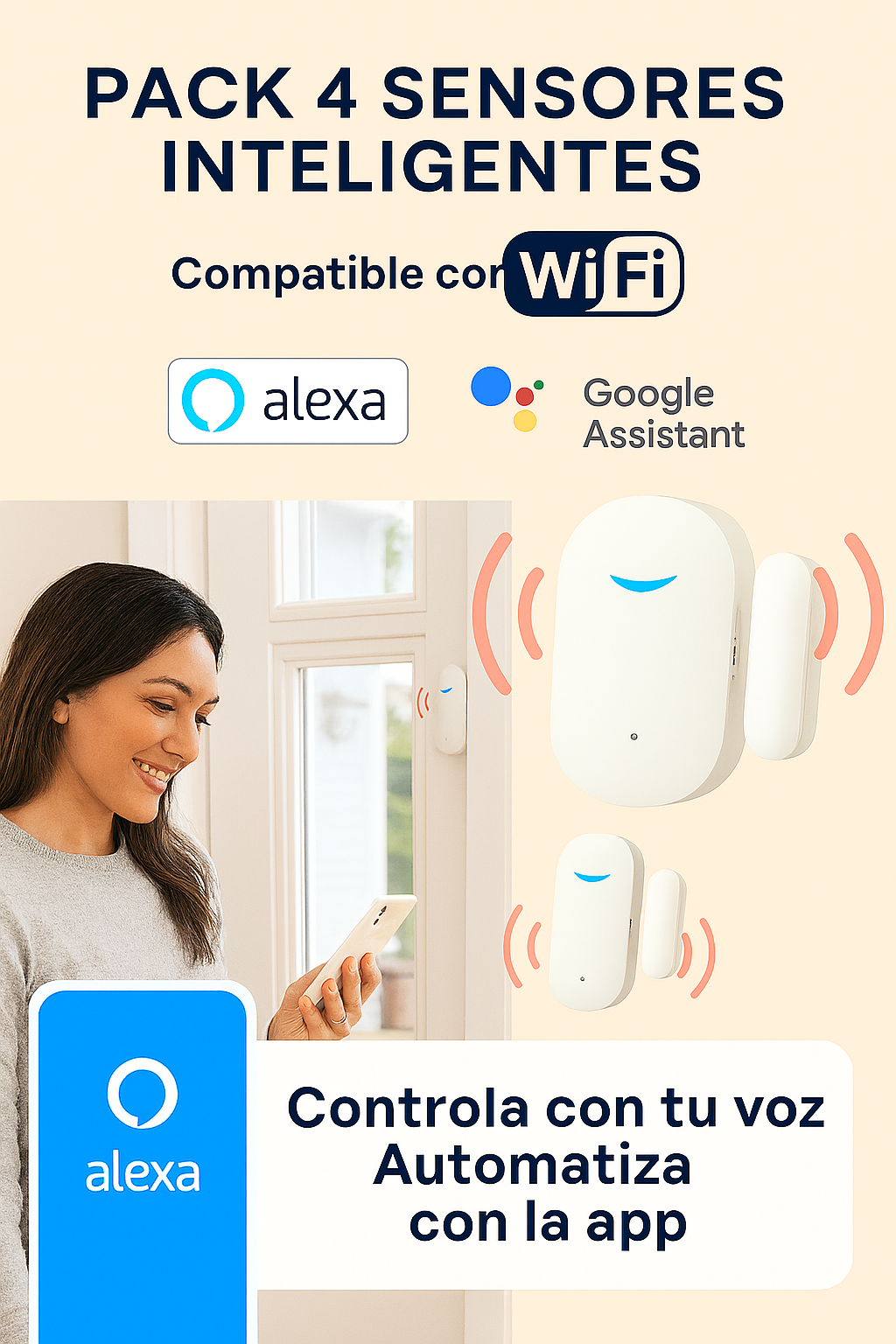 Pack 4 Sensores Inteligentes WiFi para Puertas y Ventanas – Compatible con Alexa y Google Home, Notificaciones en Tiempo Real