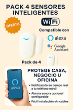 Pack 4 Sensores Inteligentes WiFi para Puertas y Ventanas – Compatible con Alexa y Google Home, Notificaciones en Tiempo Real