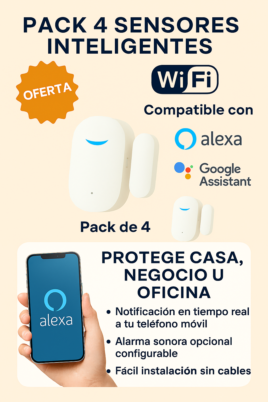 Pack 4 Sensores Inteligentes WiFi para Puertas y Ventanas – Compatible con Alexa y Google Home, Notificaciones en Tiempo Real