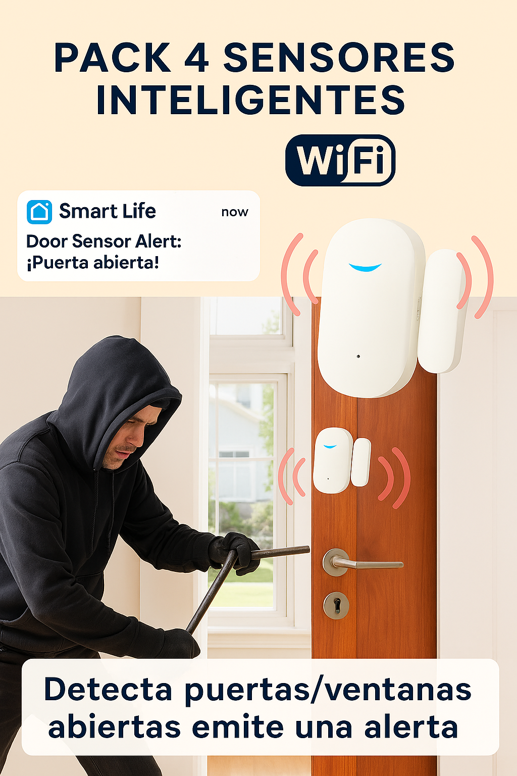 Pack 4 Sensores Inteligentes WiFi para Puertas y Ventanas – Compatible con Alexa y Google Home, Notificaciones en Tiempo Real