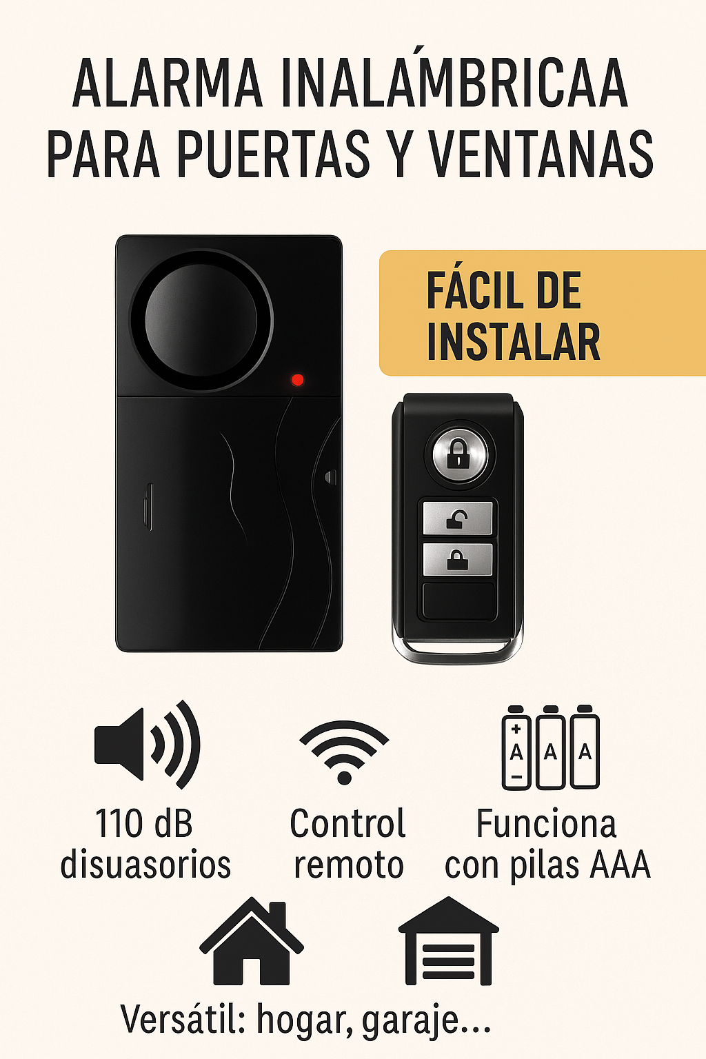 Alarma de Puerta/Ventana Inalámbrica 110 dB con Control Remoto  Antirrobo Fácil de Instalar