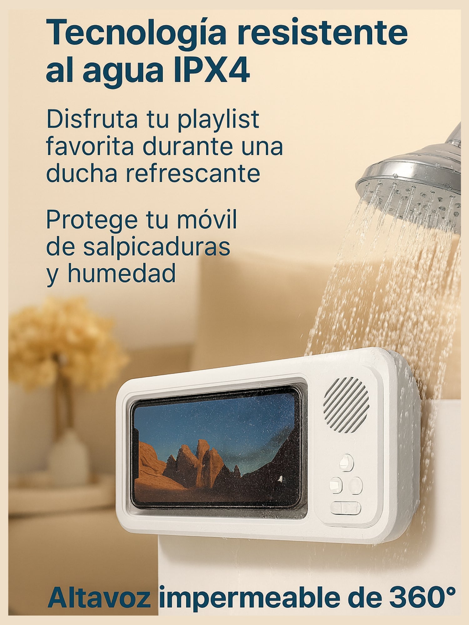 Soporte para teléfono de ducha con Altavoz Bluetooth IPX4, resistente al agua, antiniebla, pantalla táctil, soporte para teléfono de montaje en pared para ducha y baño 
 ﻿
