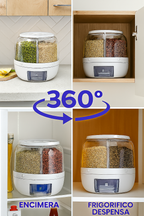 Dispensador Giratorio de Granos 360° – Organizador Hermético con 6 Compartimentos y Extracción Automática