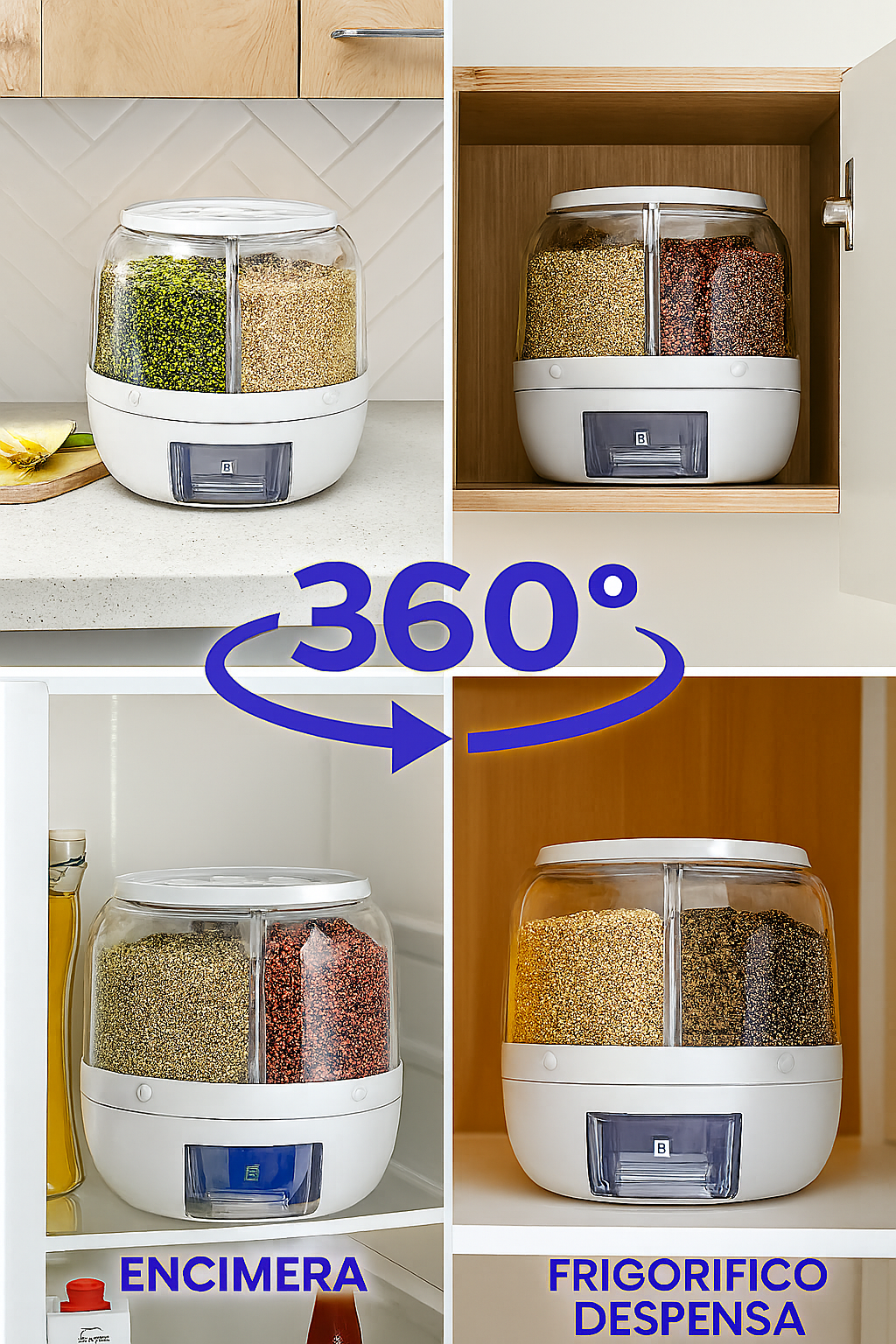 Dispensador Giratorio de Granos 360° – Organizador Hermético con 6 Compartimentos y Extracción Automática