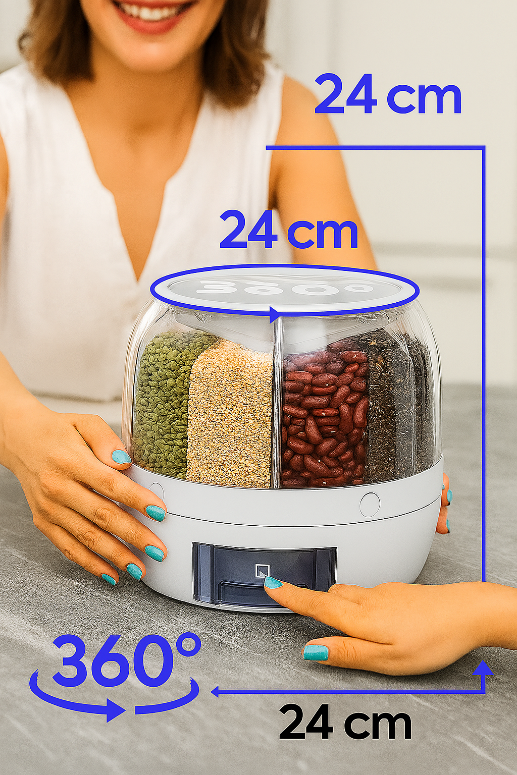 Dispensador Giratorio de Granos 360° – Organizador Hermético con 6 Compartimentos y Extracción Automática