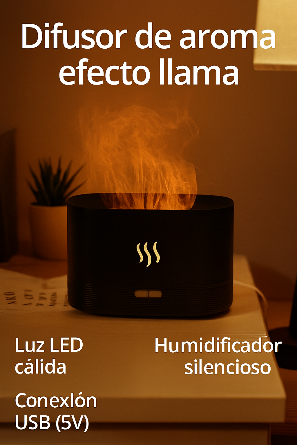 Difusor de aroma LED con efecto llama – humidificador decorativo USB para dormitorio y oficina