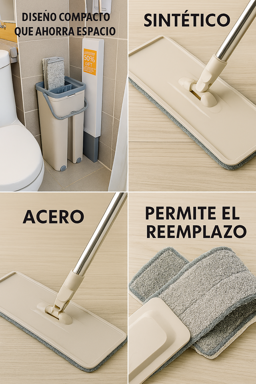 Fregona giratoria de microfibra con cubo plano de doble función y raspador – Limpieza eficiente para todo tipo de suelo