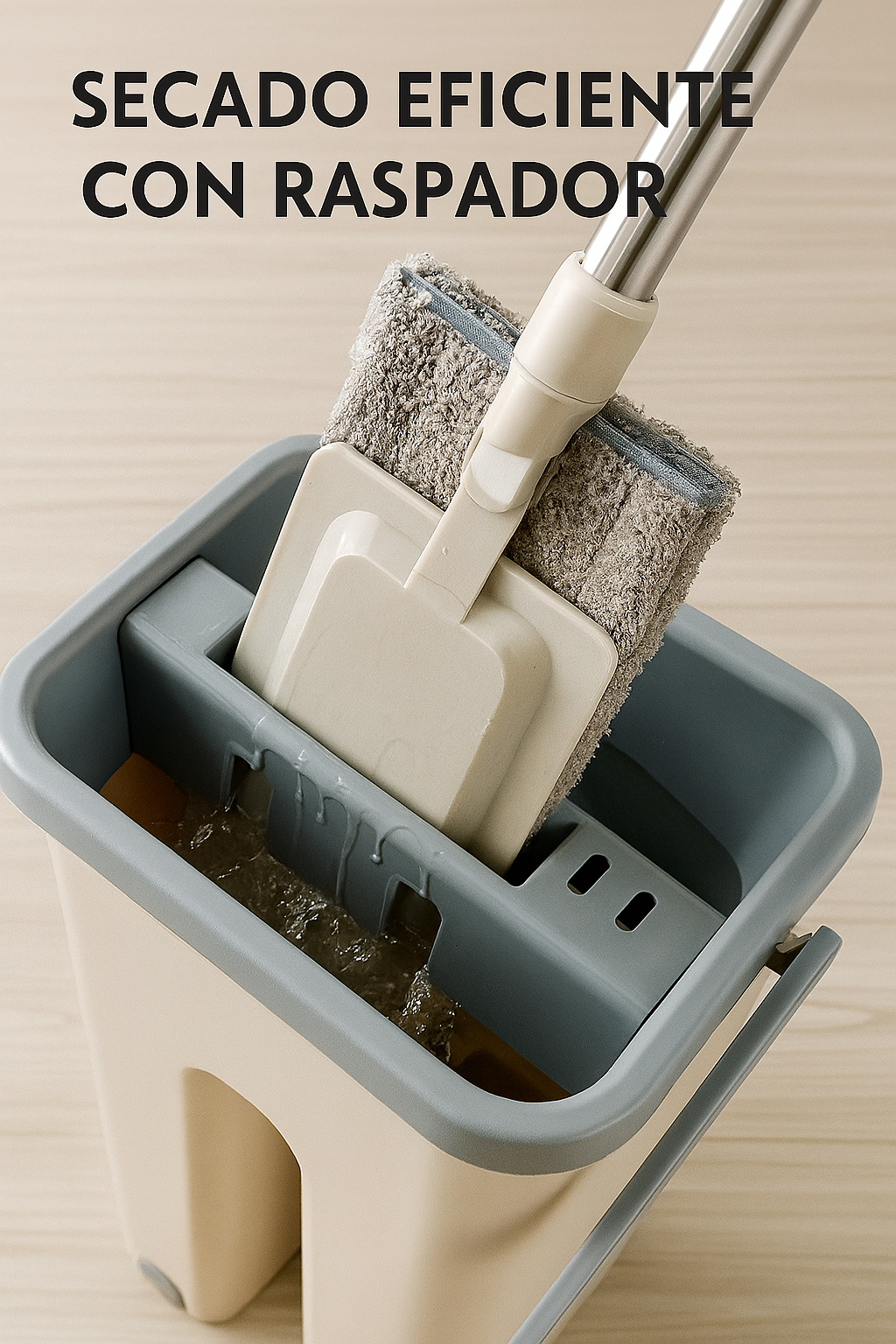 Fregona giratoria de microfibra con cubo plano de doble función y raspador – Limpieza eficiente para todo tipo de suelo